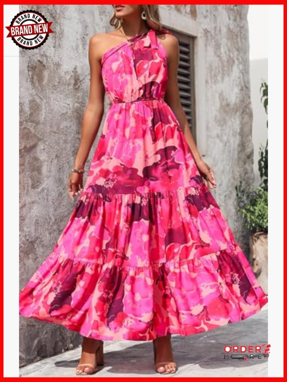 One Shoulder Floral Maxi Dress Ruffled Boho Beach Vacation Guest - Picture 5 of 7